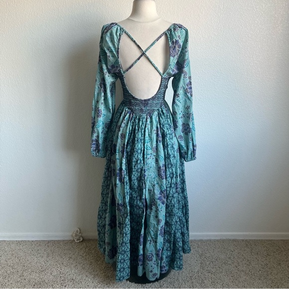 NWOT Free People “A New Way” Teal Bluish Purple Floral Long Sleeve Maxi Dress S - Picture 6 of 14